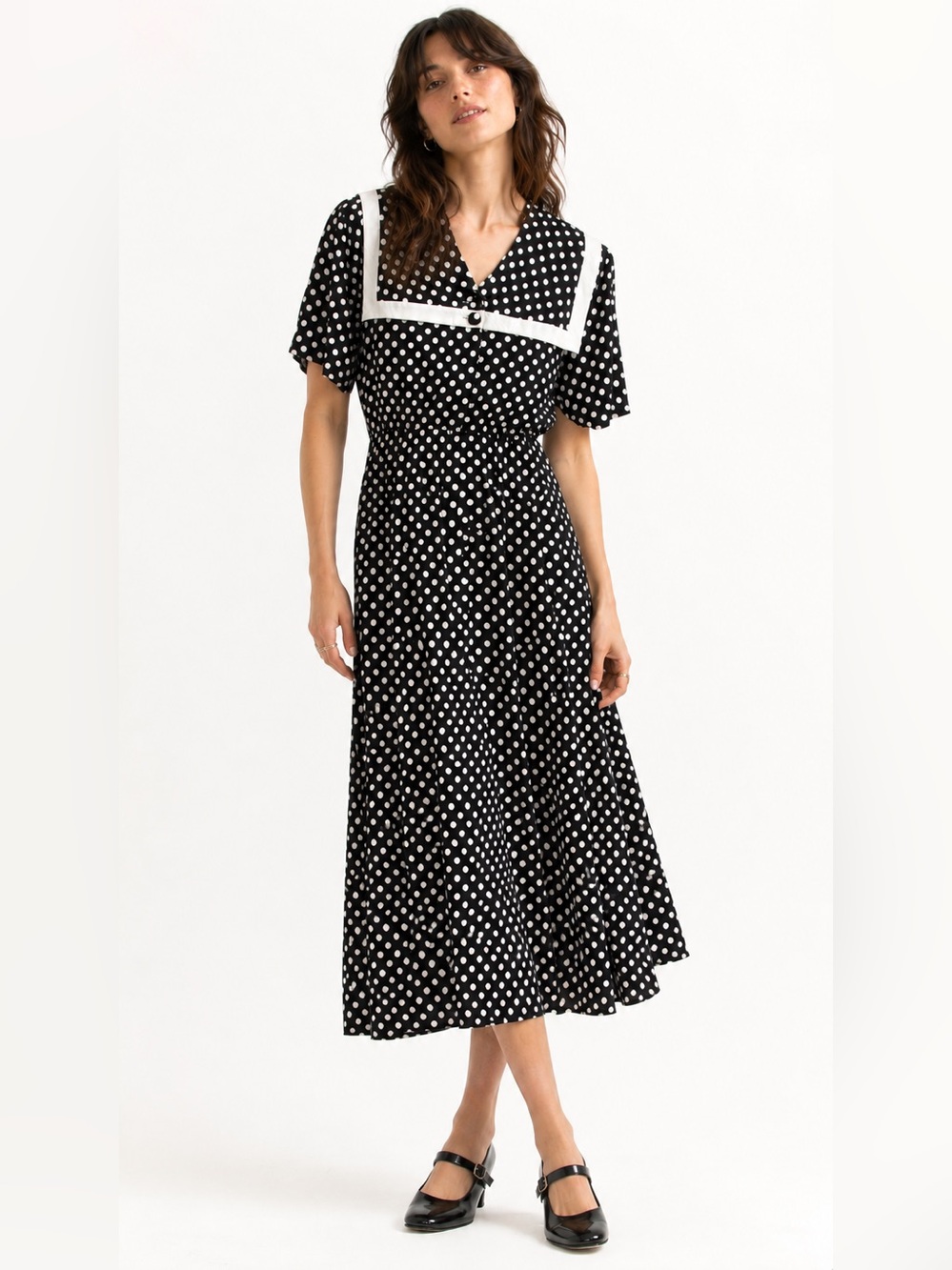 Vintage Leslie Fay Polka Dot Sailor Collar Midi Dress Size 8 Navy White Retro
